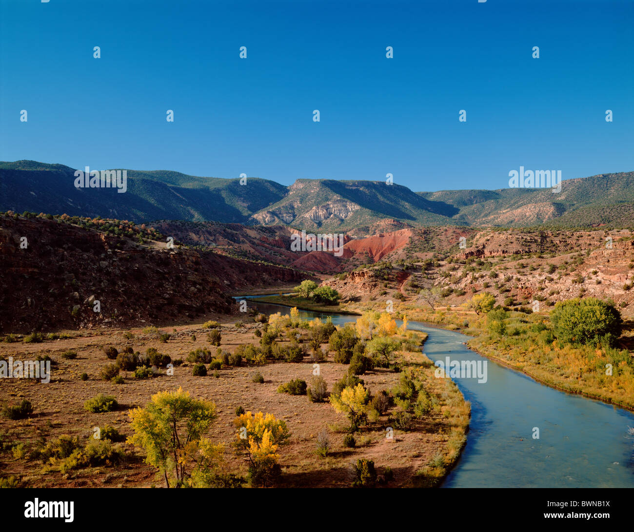 Die Chama River fließt durch bunte New Mexico Berge, Stromschnellen, so dass das Wasser glitzern. Stockfoto