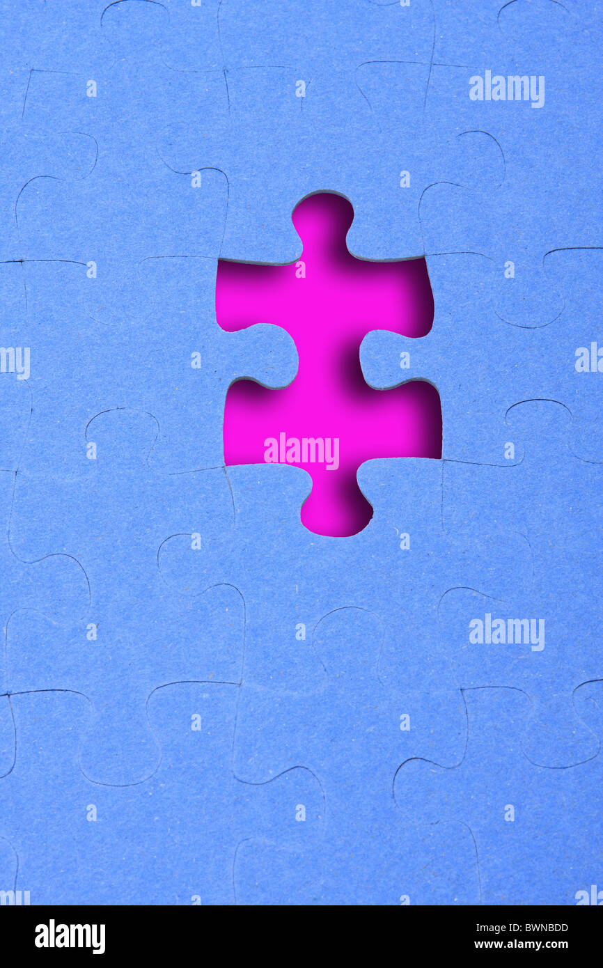 Fehlende Stück Stück Spielkonzept Symbol letzte blaue Licht blau Cyan rosa Puzzle Stockfoto