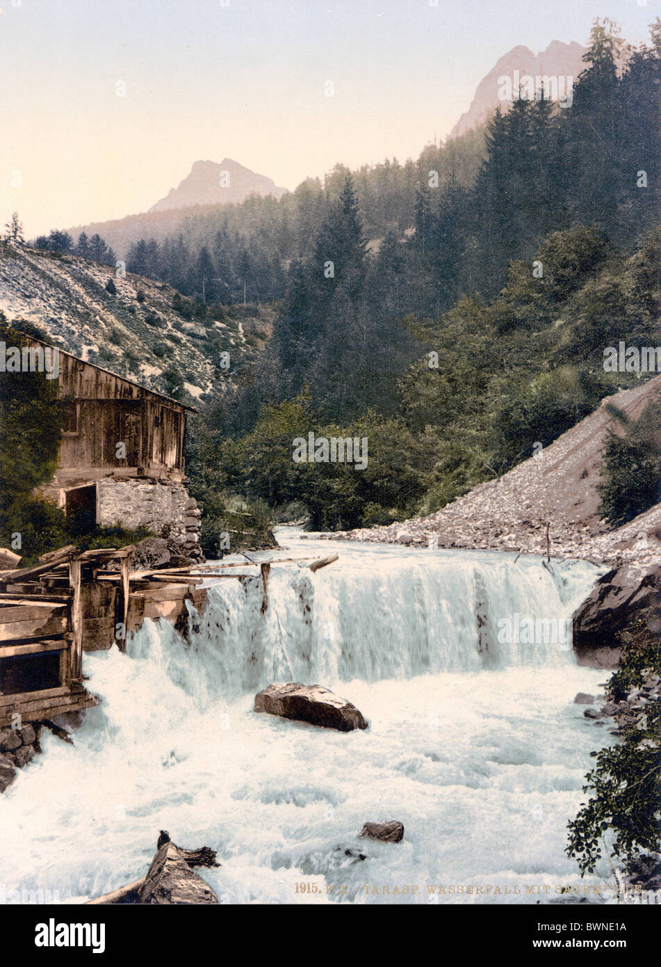 Schweiz Europa senken Engadin Tarasp Wasserfall Sägewerk Kanton Graubünden Graubünden Photochrom Geschichte hist Stockfoto