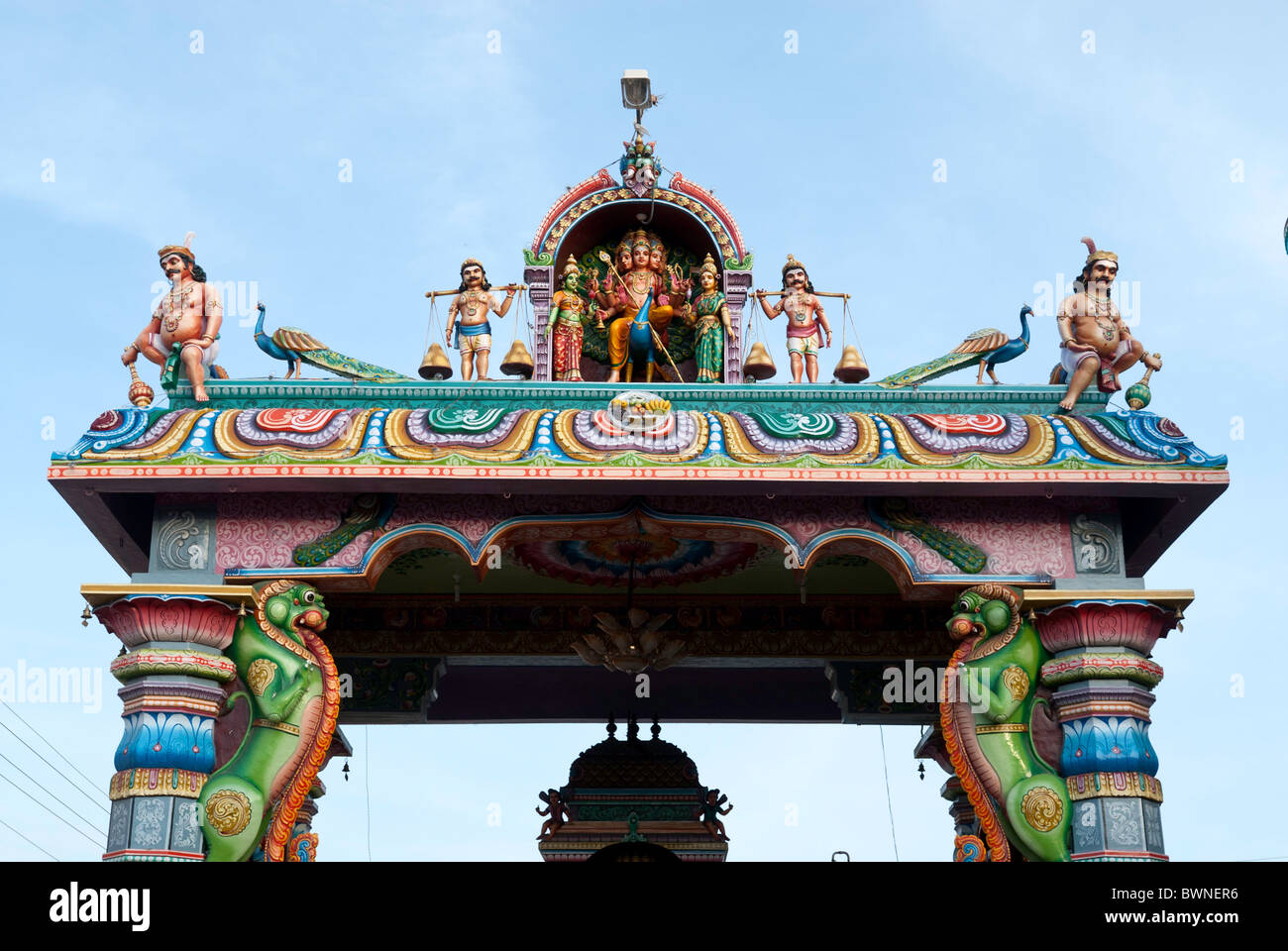 Stuckarbeiten in Herrn Subrahmanya; Muruga Tempel in Kanchipuram; Kancheepuram, Tamil Nadu, Indien. Stockfoto