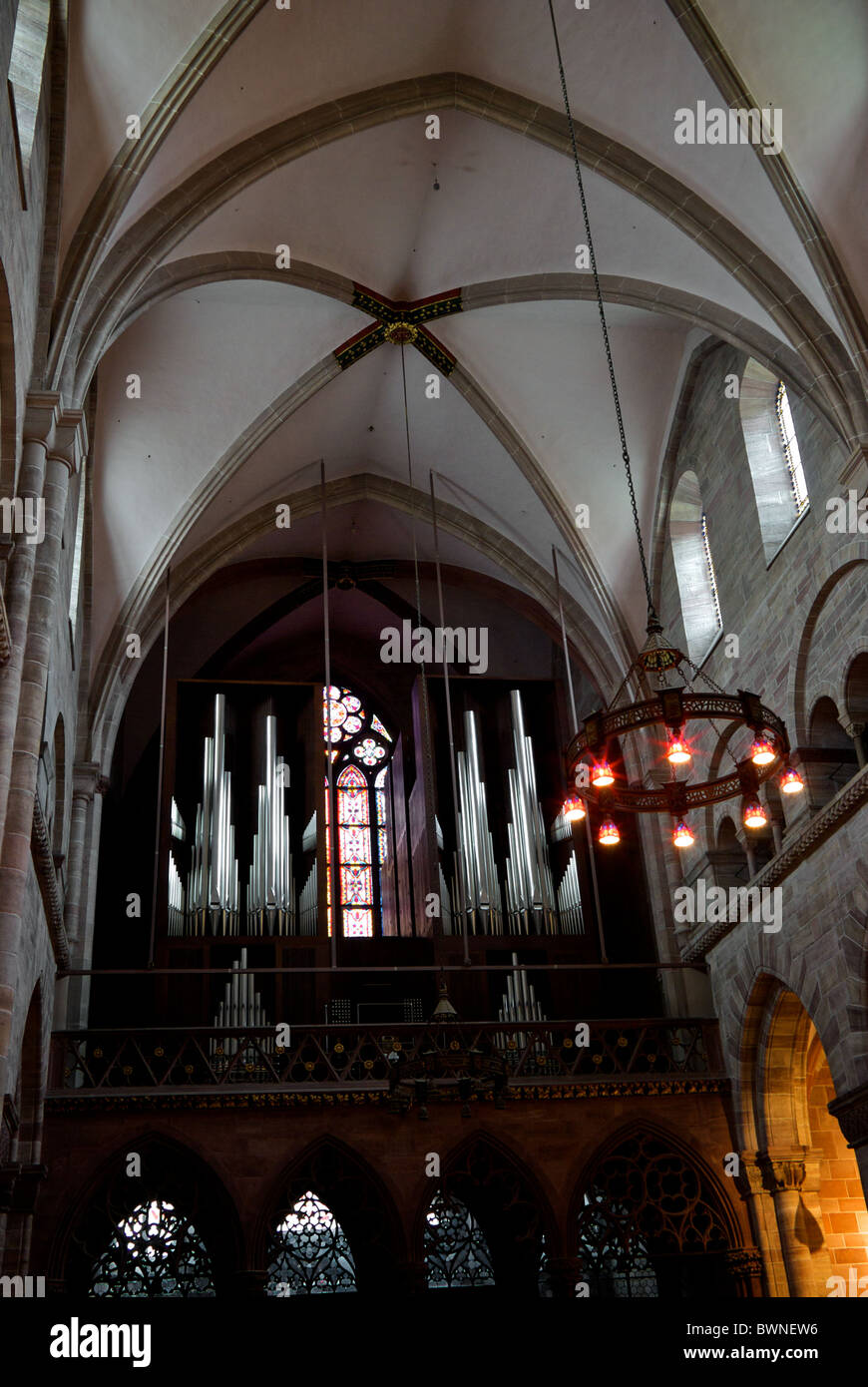 Orgel in Munster evangelisch reformierten Kirche gewölbten gotischen Bogen Unterstützung Decke Windows ehemalige katholische Kathedrale Basel Stockfoto