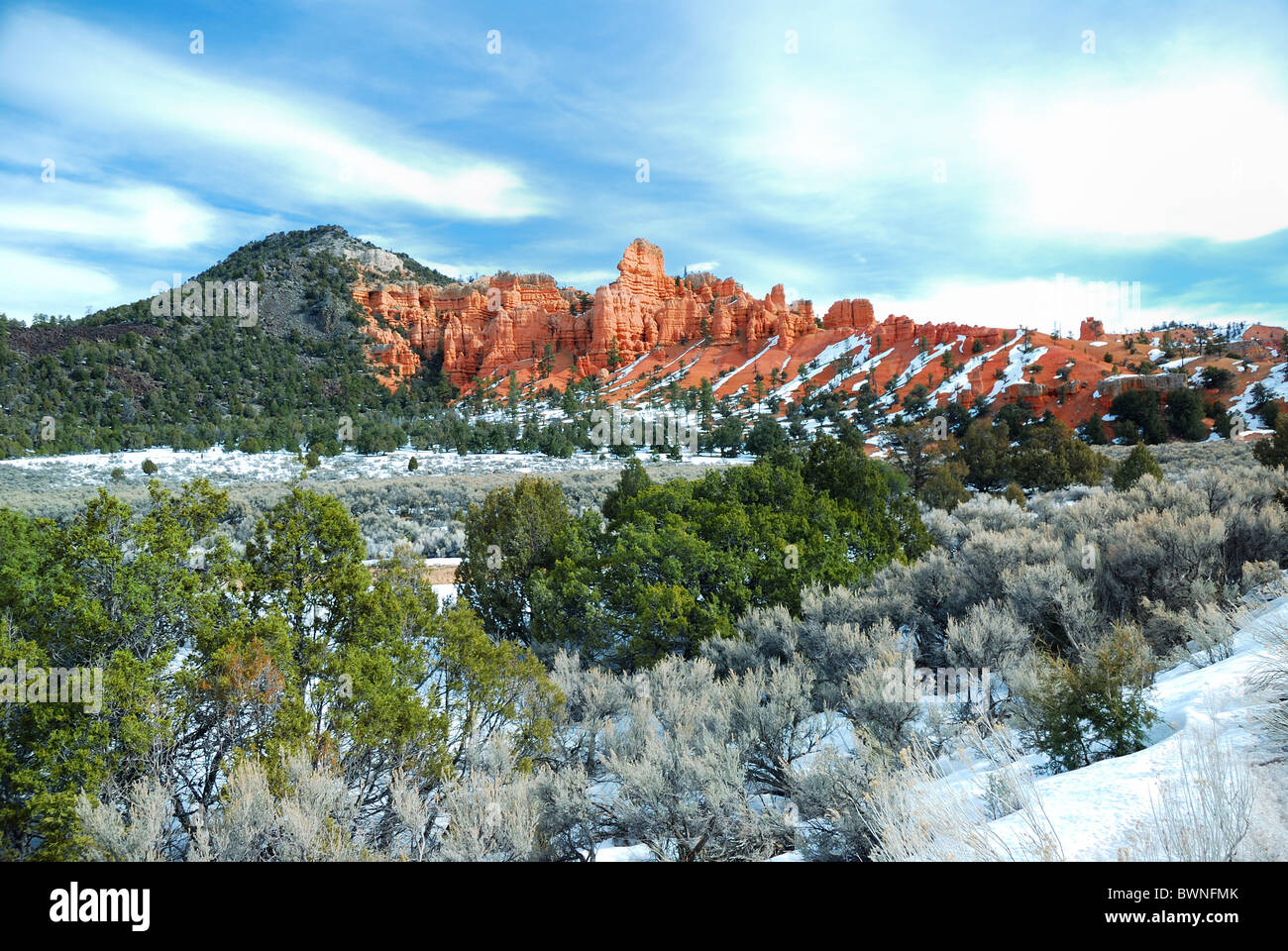 Roten Felsen im Bryce-Canyon-Nationalpark mit Schnee und Bäumen in Utah. Stockfoto