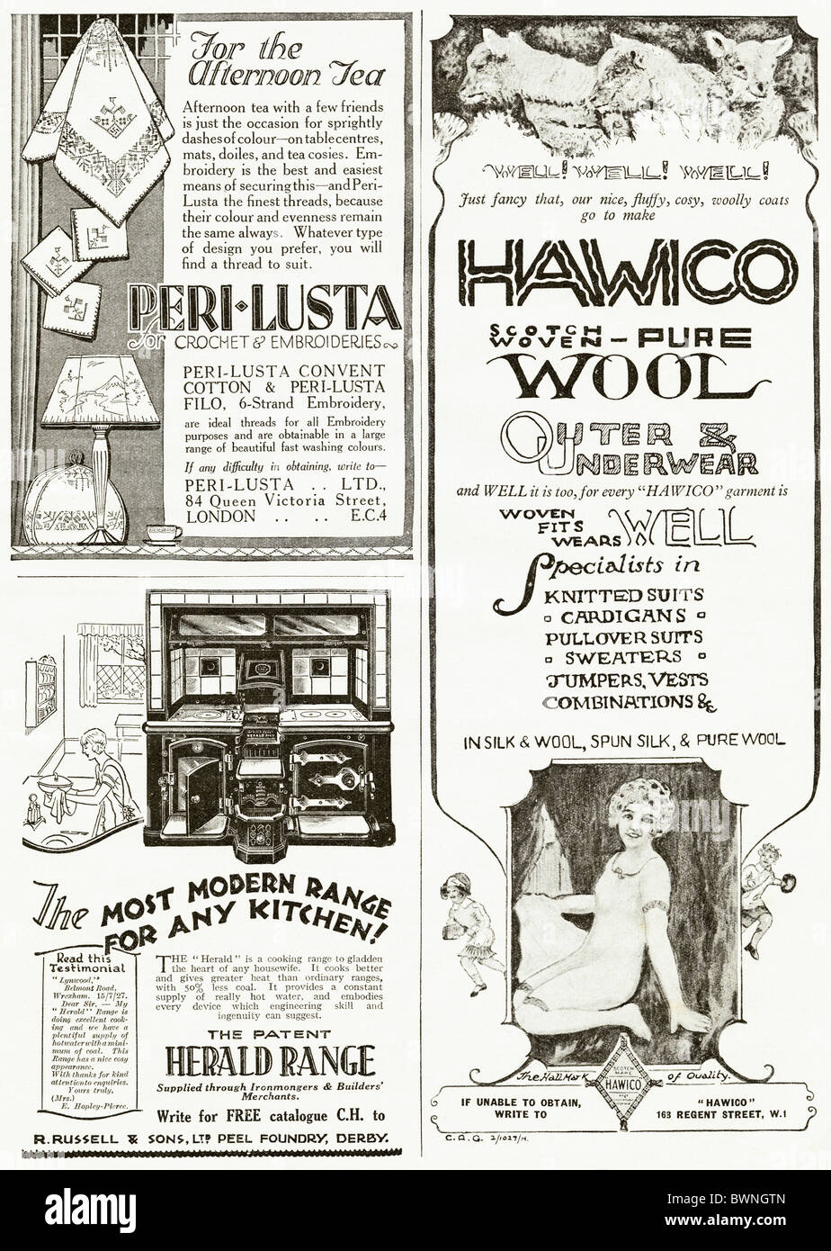 Schwarz / weiß Verbraucher Magazin Werbung für Stickerei, Küchen und Strickwaren ca. 1928 Stockfoto