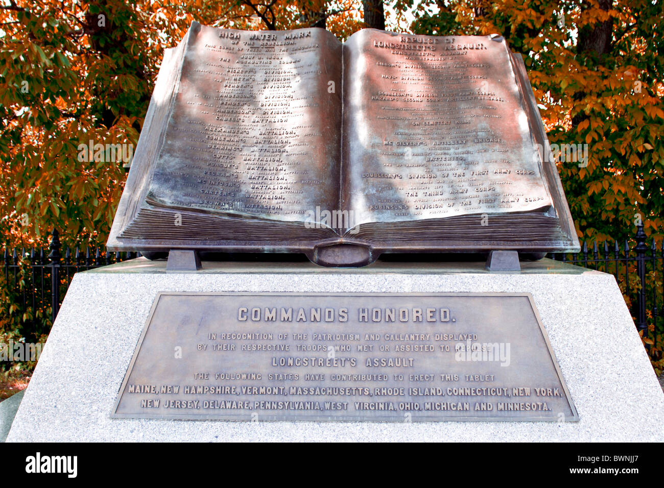 Lange Straße Denkmal am High Water Mark Gettysburg Pennsylvania PA im Frühherbst. Stockfoto