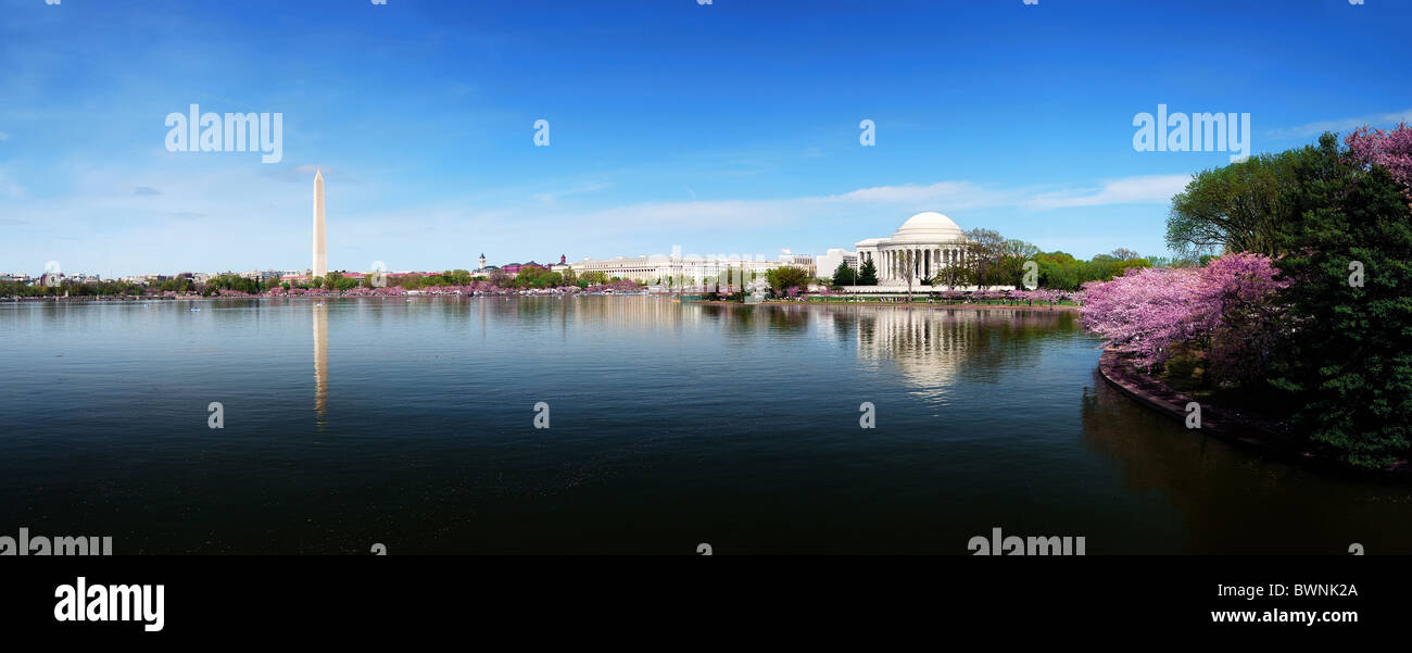 Washington DC Skyline Panorama mit Washington Monument und Thomas Jefferson Memorial. Stockfoto
