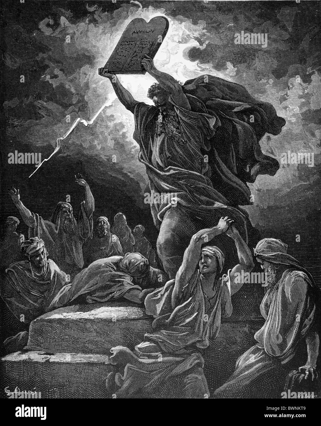 Gustave Doré; Moses die Gesetzestafeln zu brechen; Schwarz / weiß-Gravur Stockfoto