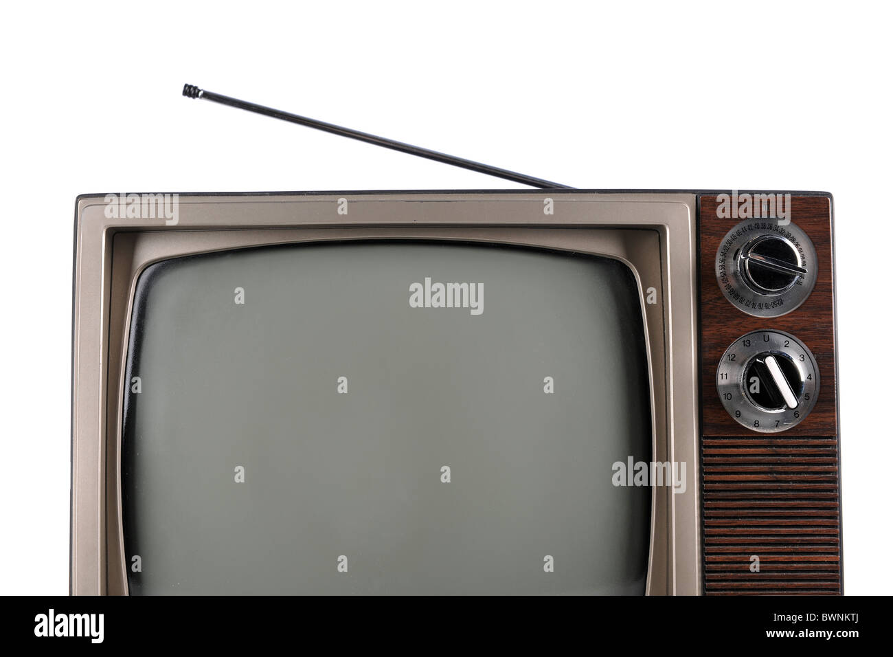Teilansicht des Vintage TV mit Antenne isoliert auf weißem Hintergrund Stockfoto
