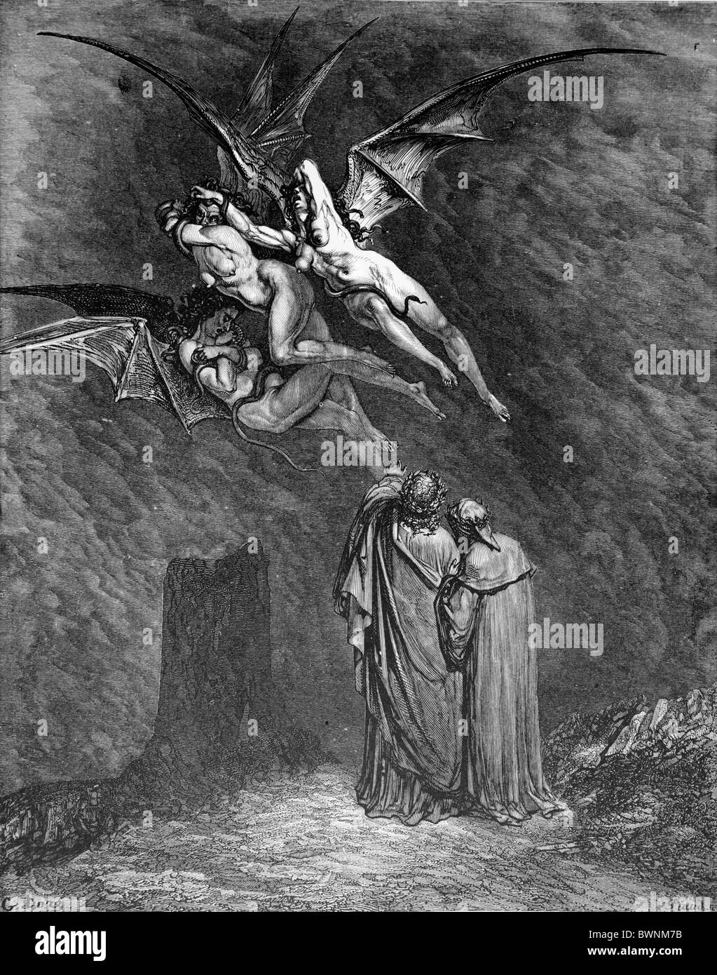 Gustave Doré; Die Furien vor den Toren von Dis von Alighieris göttliche Komödie; Schwarz / weiß-Gravur Stockfoto