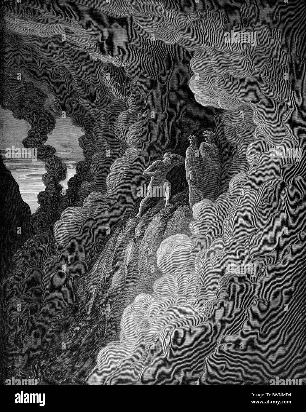 Gustave Doré; Dante und Vergil treffen Marco Lombardo in den dritten Kreis des Fegefeuers von Alighieris göttliche Komödie Stockfoto