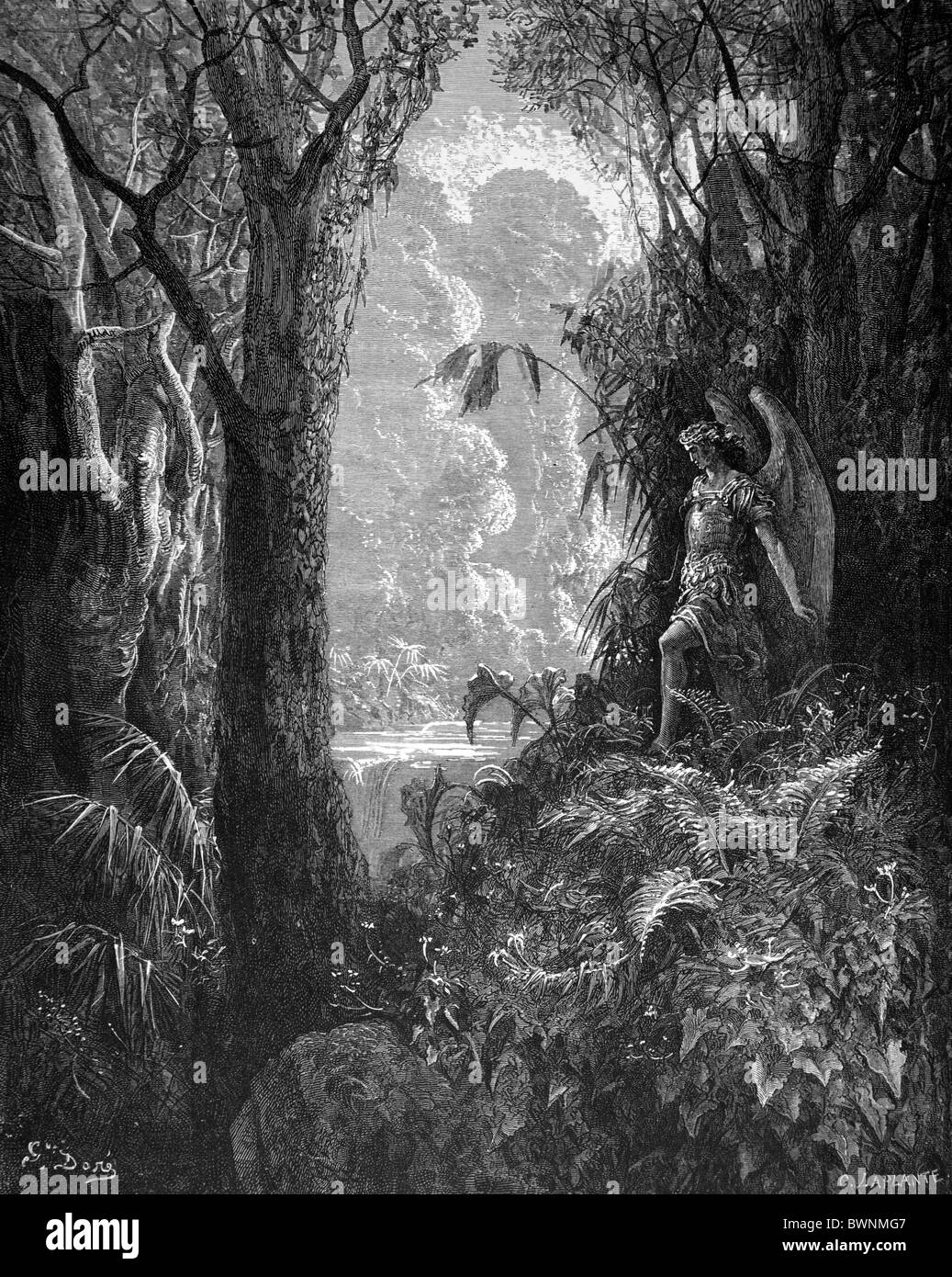 Gustave Doré; Satan im Garten von Eden von John Miltons Paradise Lost; Schwarz / weiß-Gravur Stockfoto