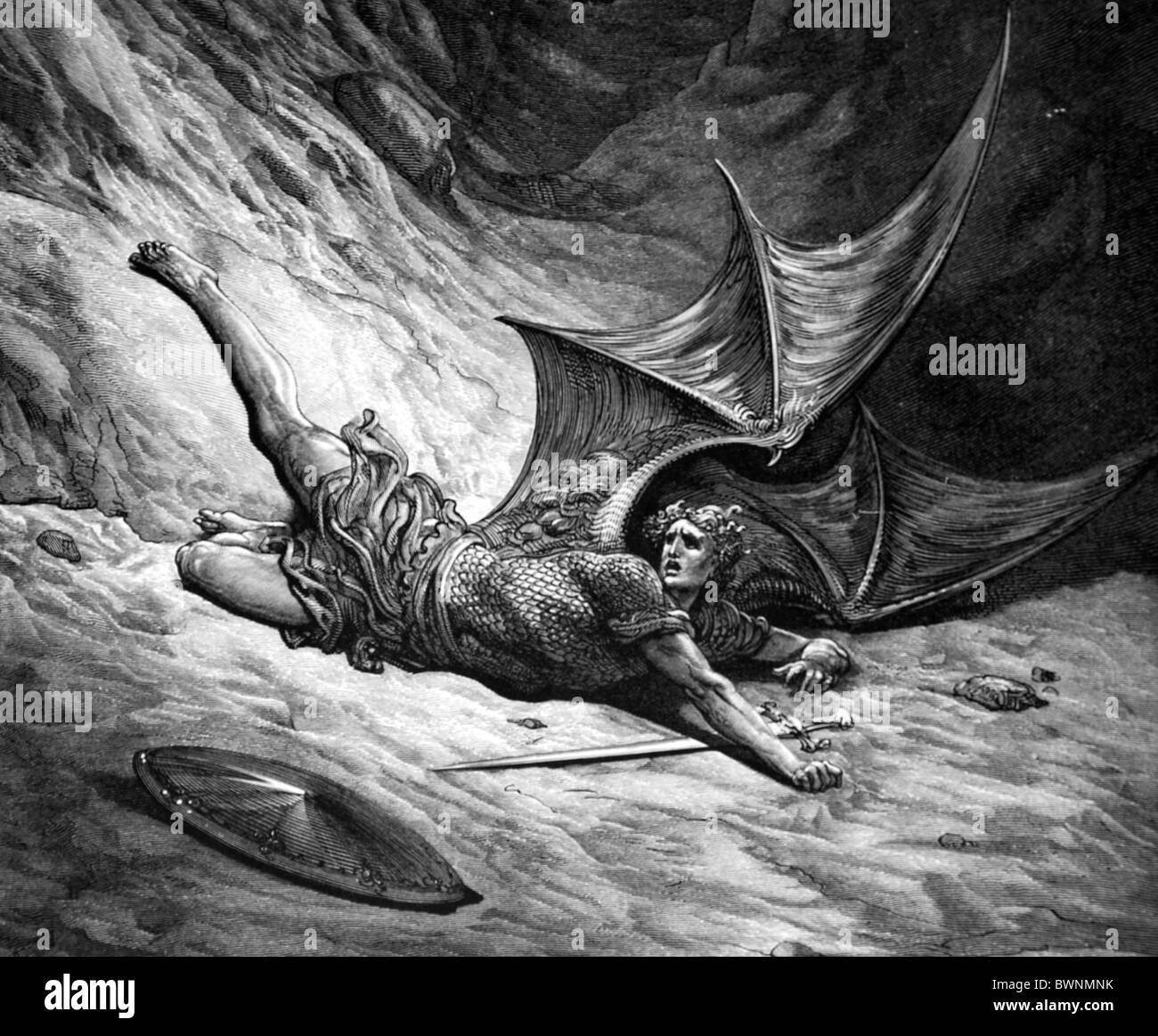 Gustave Doré; Detail des Satans begeistert durch Erzengel Michael aus John Miltons Paradise Lost; Schwarz / weiß-Gravur Stockfoto