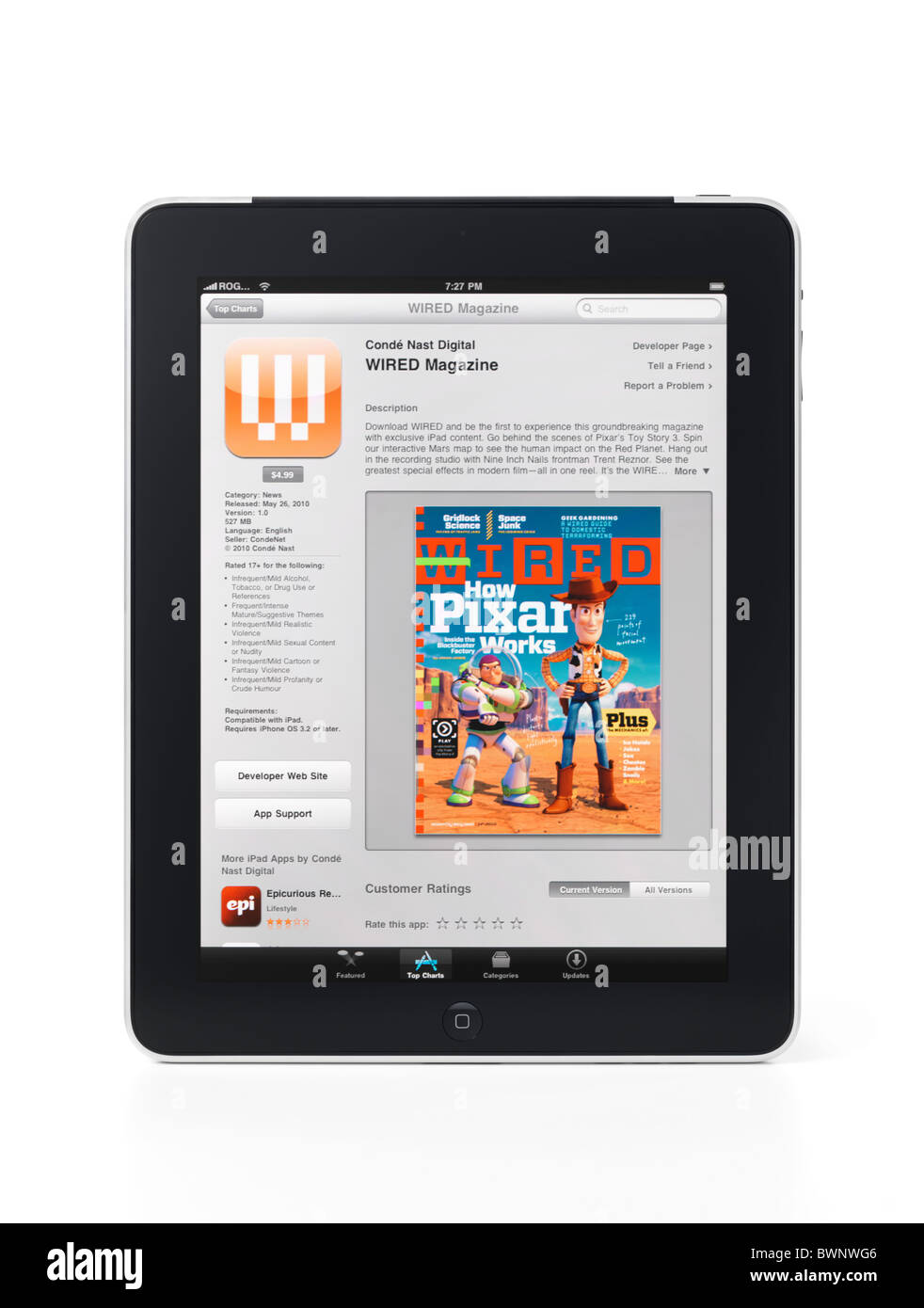 Apple iPad 3G Tablet mit WIRED-Magazin-app auf seinem Display isoliert auf weißem Hintergrund mit Beschneidungspfad Stockfoto