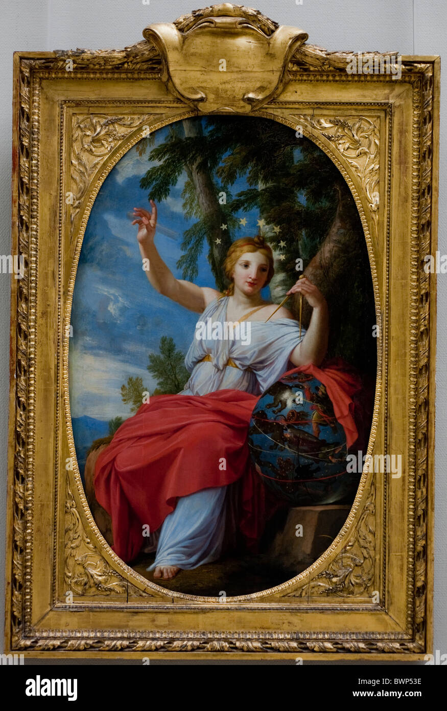 Paris, Frankreich, Nahaufnahme, Louvre Museum, Französische Gemälde, ausgestellt in der Kunstgalerie, „Uranie“, (Eustache Le Sueur) Antike Bilderrahmen Stockfoto