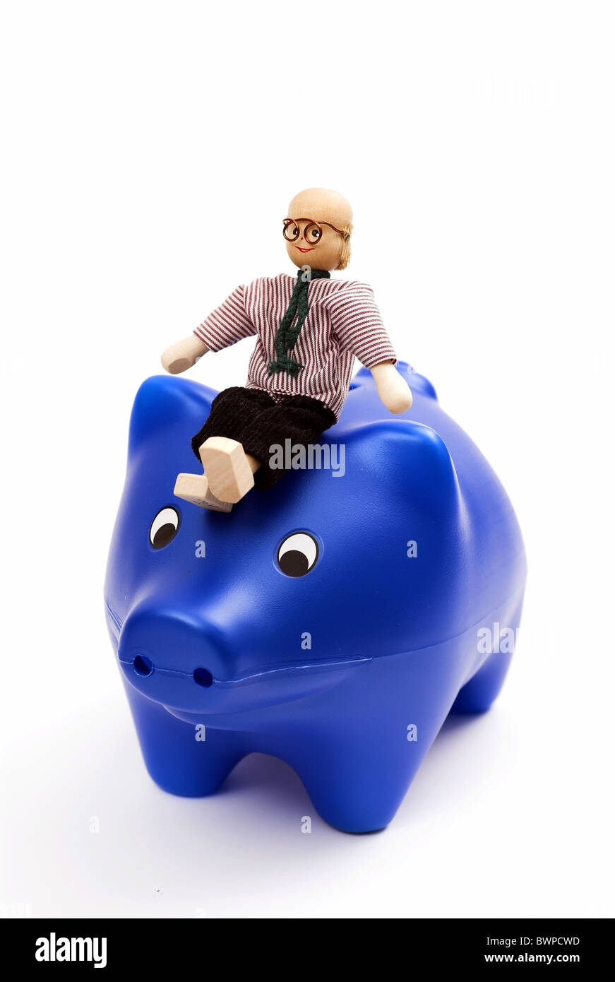 Spart Mann Abbildung Symbol Konzept Sparschwein Piggy Bank Blue Studio Ruhestand Pension Benefit Finance Fina Stockfoto