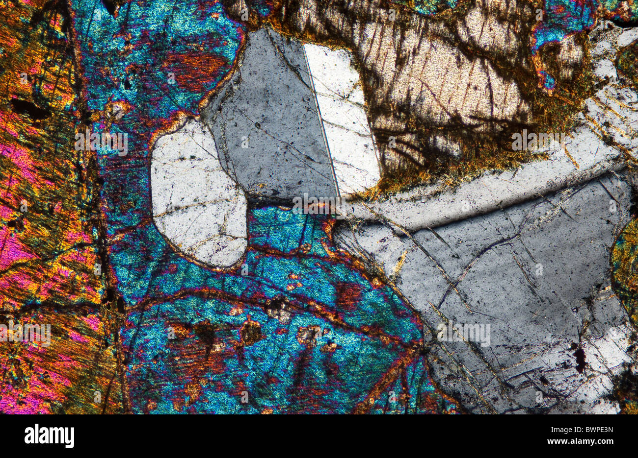 Hypersthene Gabbro, Cross polarisiert Mikroskopbild Stockfoto