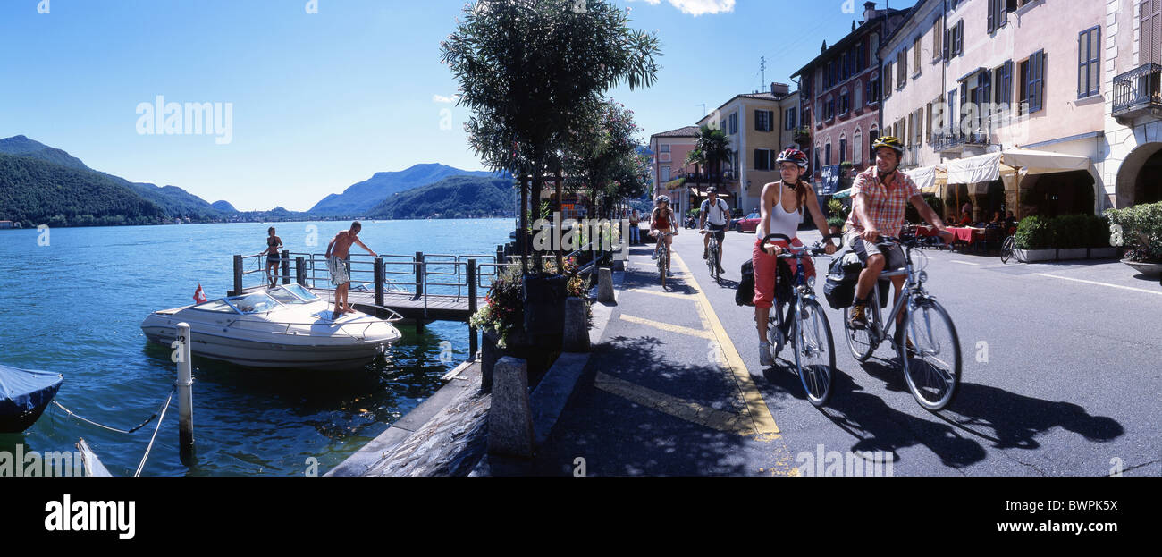 Schweiz Europa Morcote Lake Lugano Altstadt Promenade Quay Street Boote  Küste Ufer am See Fahrrad Stockfotografie - Alamy