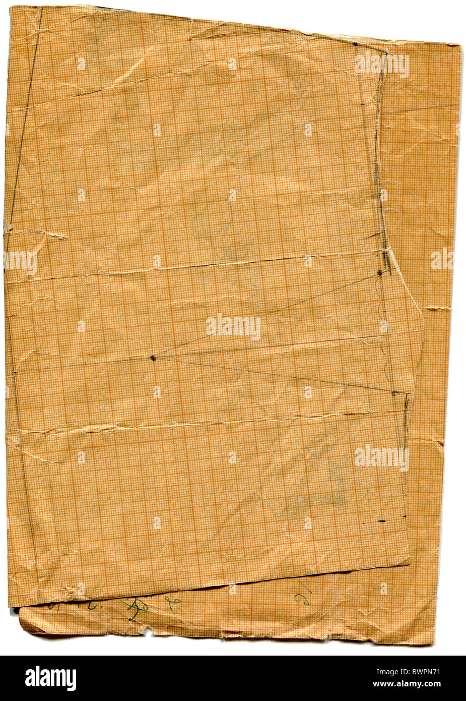 Alt zerrissen gebeizt schmutzig Zeichenpapier mit Maßeinteilung isoliert auf weißem Hintergrund Stockfoto