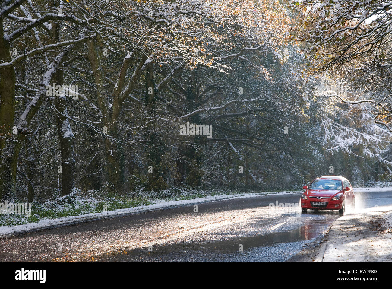 Winter, Autofahren, Auto auf nassen winterlichen Straße Stockfoto