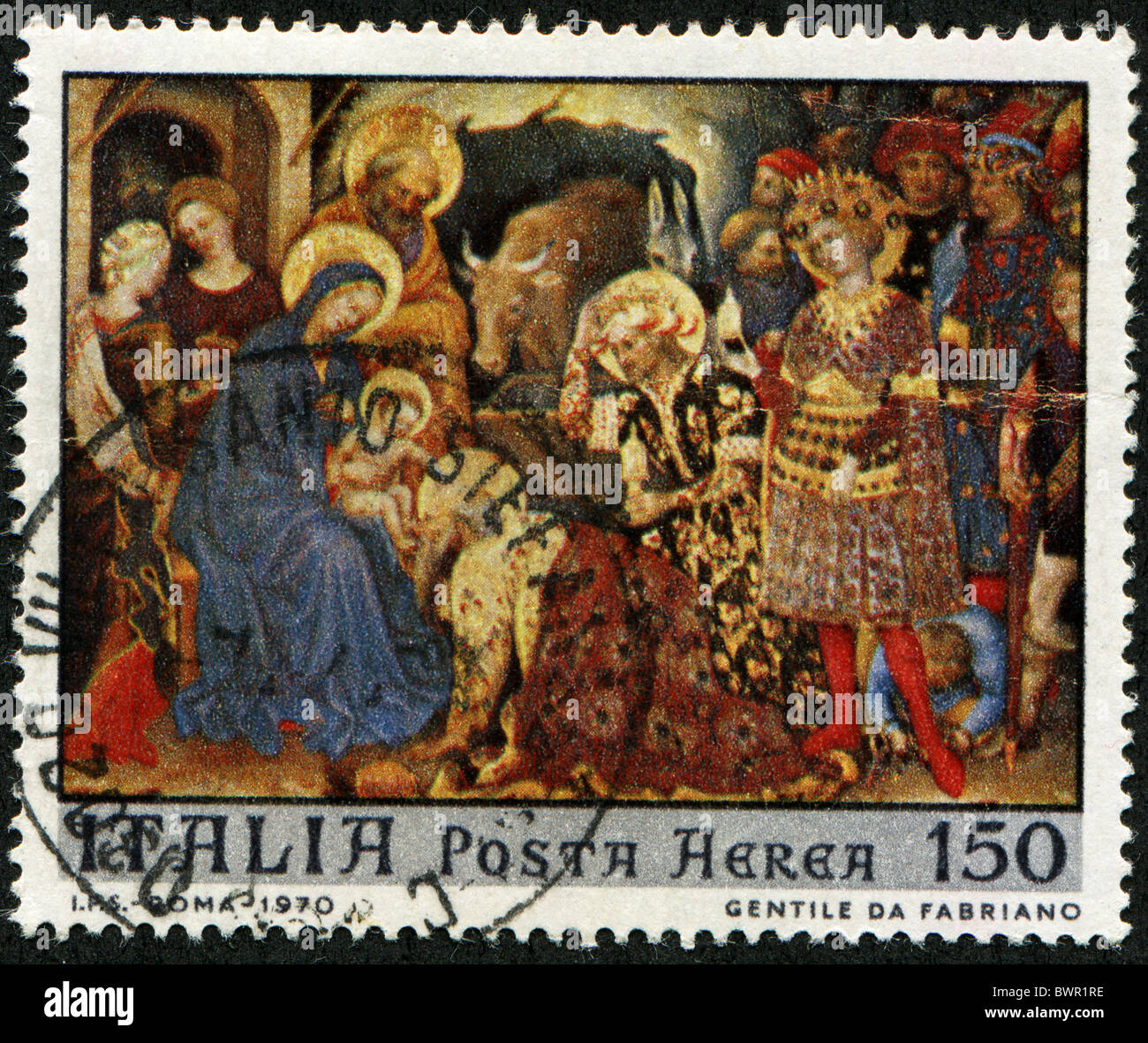 Italien - CIRCA 1970: Ein Gruß Weihnachten Briefmarke gedruckt in Italien Heilige Familie, ca. 1970 zeigt Stockfoto