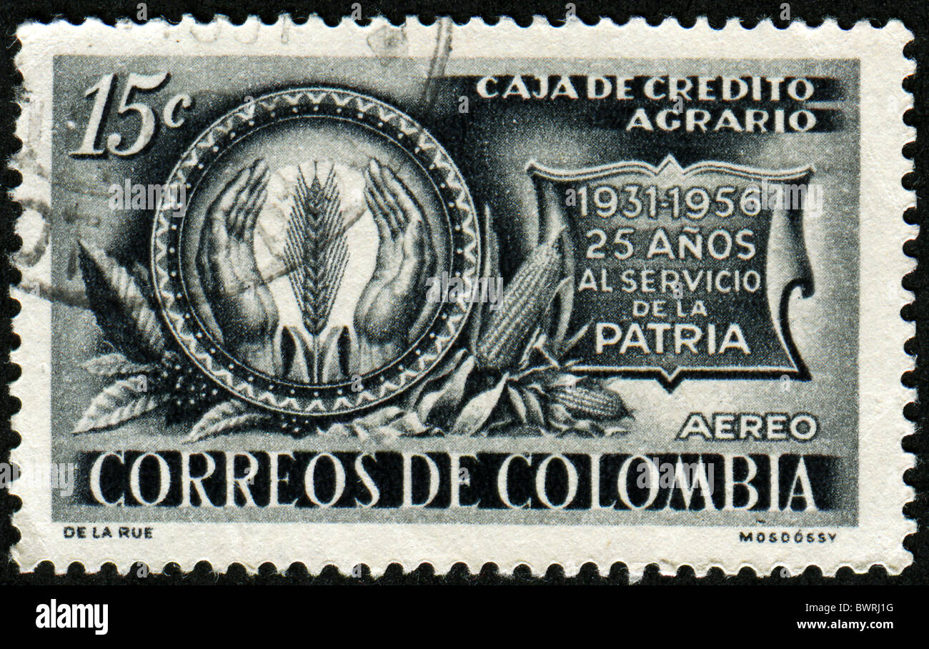 Kolumbien - ca. 1956: Eine Briefmarke gedruckt in Kolumbien zu Ehren 25 Jahre landwirtschaftliche Genossenschaftsbank, ca. 1956 Stockfoto