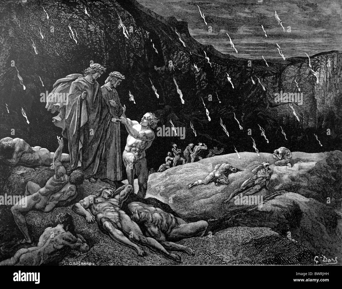 Gustave Doré; Dante und Virgil treffen Brunetto Latini im 7. Kreis der Hölle, aus Dante Alighieris Göttlicher Komödie; Inferno Canto XV Stockfoto