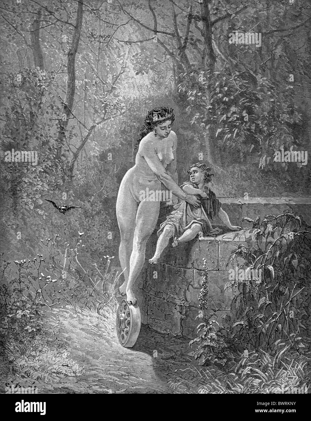 Gustave Doré; Die Göttin Fortune speichert das Kind aus dem Brunnen von Jean De La Fontaine Fabeln Stockfoto
