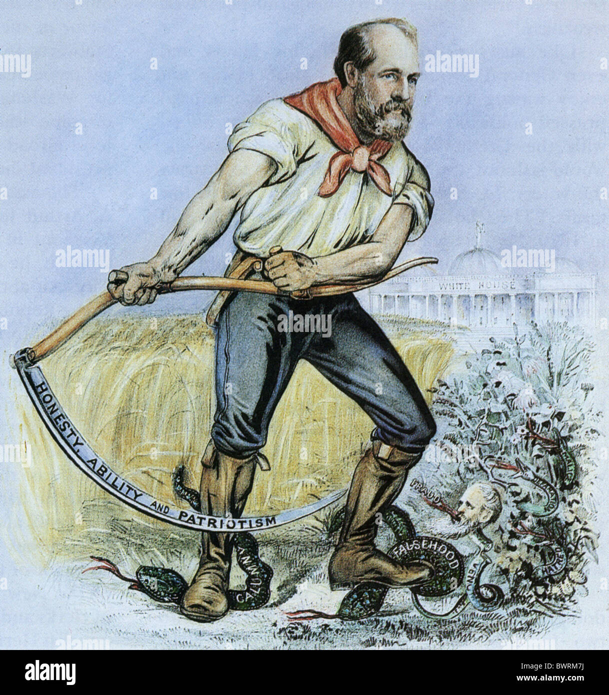 JAMES GARFIELD - 1880 Präsidentenkampagne Lithographie als Landwirt Garfield. Siehe Beschreibung unten. Stockfoto
