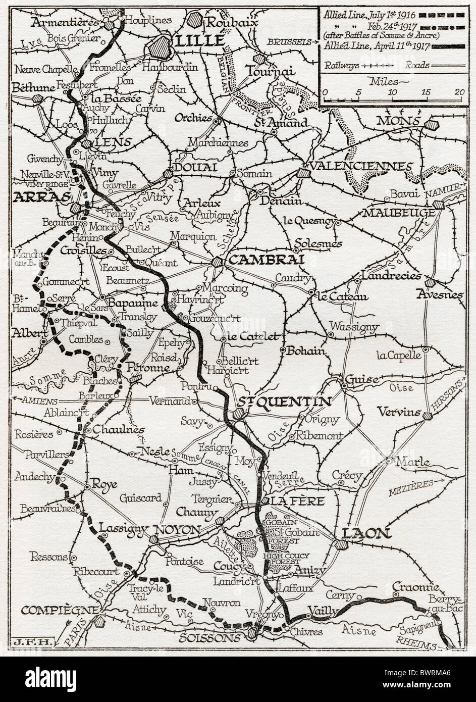 Der Somme und der Ancre. Die Karte zeigt Linien, die von den Alliierten ab Juli 1916 bis 11. April 1917 besetzt. Stockfoto