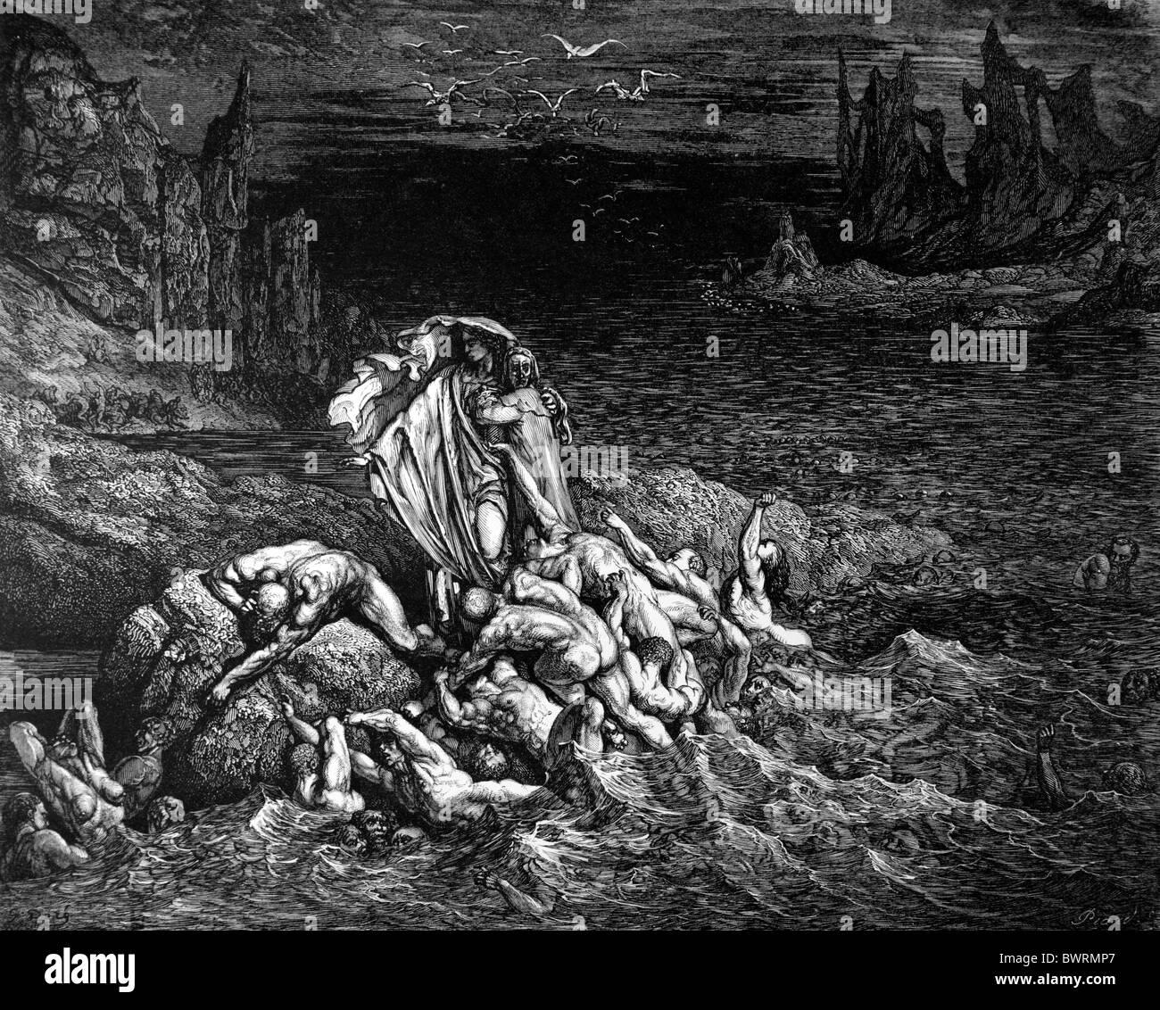 Gustave Doré; Die Stygische See in den fünften Kreis der Hölle von Alighieris göttliche Komödie; Schwarz / weiß-Gravur Stockfoto