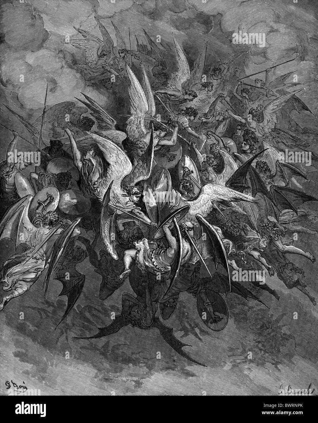 Gustave Doré; Der große Kampf im Himmel aus John Miltons Paradise Lost; Schwarz / weiß-Gravur Stockfoto