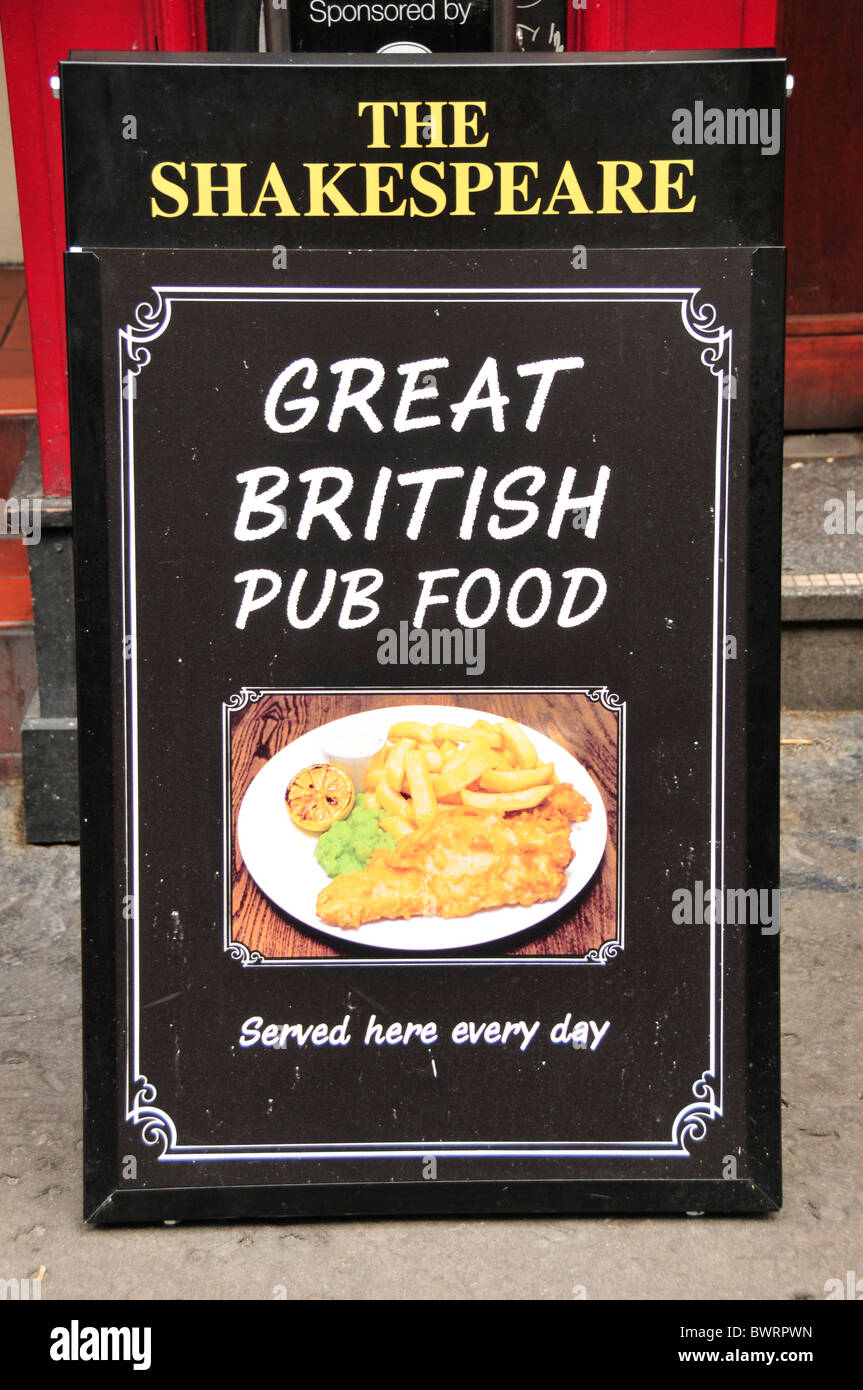 "Great British Pub Food" vor dem Pub "The Shakespeare", London, England, Vereinigtes Königreich, Europa zu unterzeichnen Stockfoto