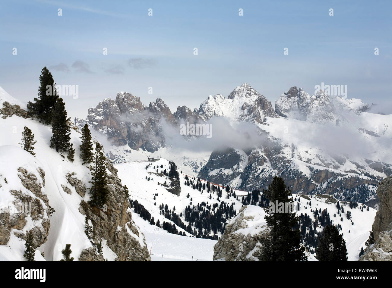 Die Odle Geislerspitzen einschließlich der Pitla Fermeda und die Gran Fermeda Selva Val Gardena Dolomiten Italien Stockfoto