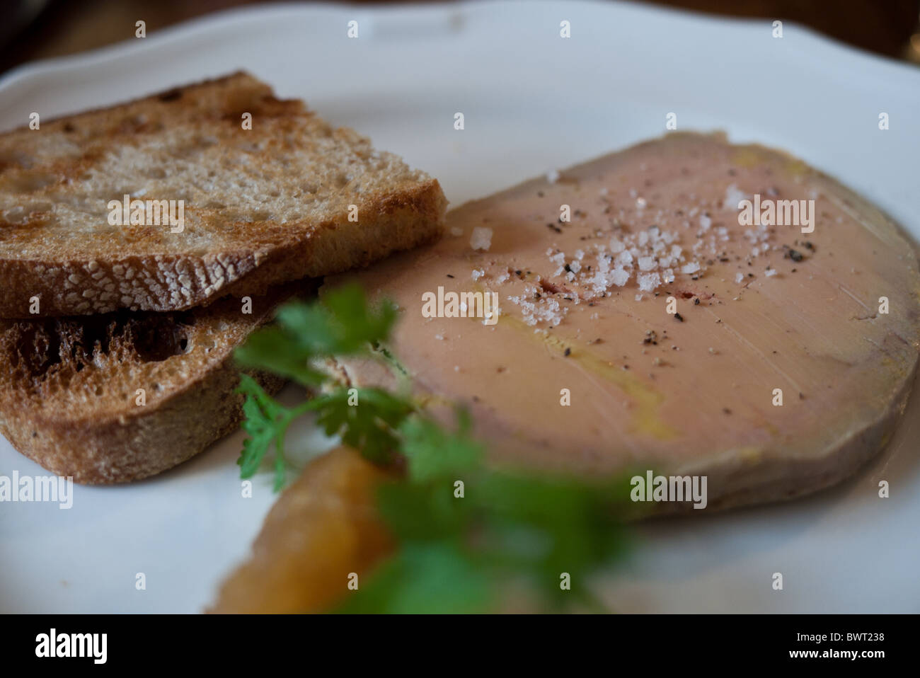 Gänseleber auf einem Teller mit Meersalz Stockfoto