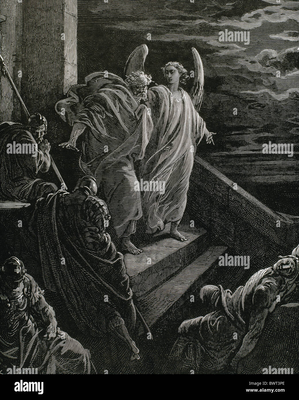 Befreiung des Heiligen Petrus. Zeichnung von Dore und Gravieren von Pisaner. Stockfoto