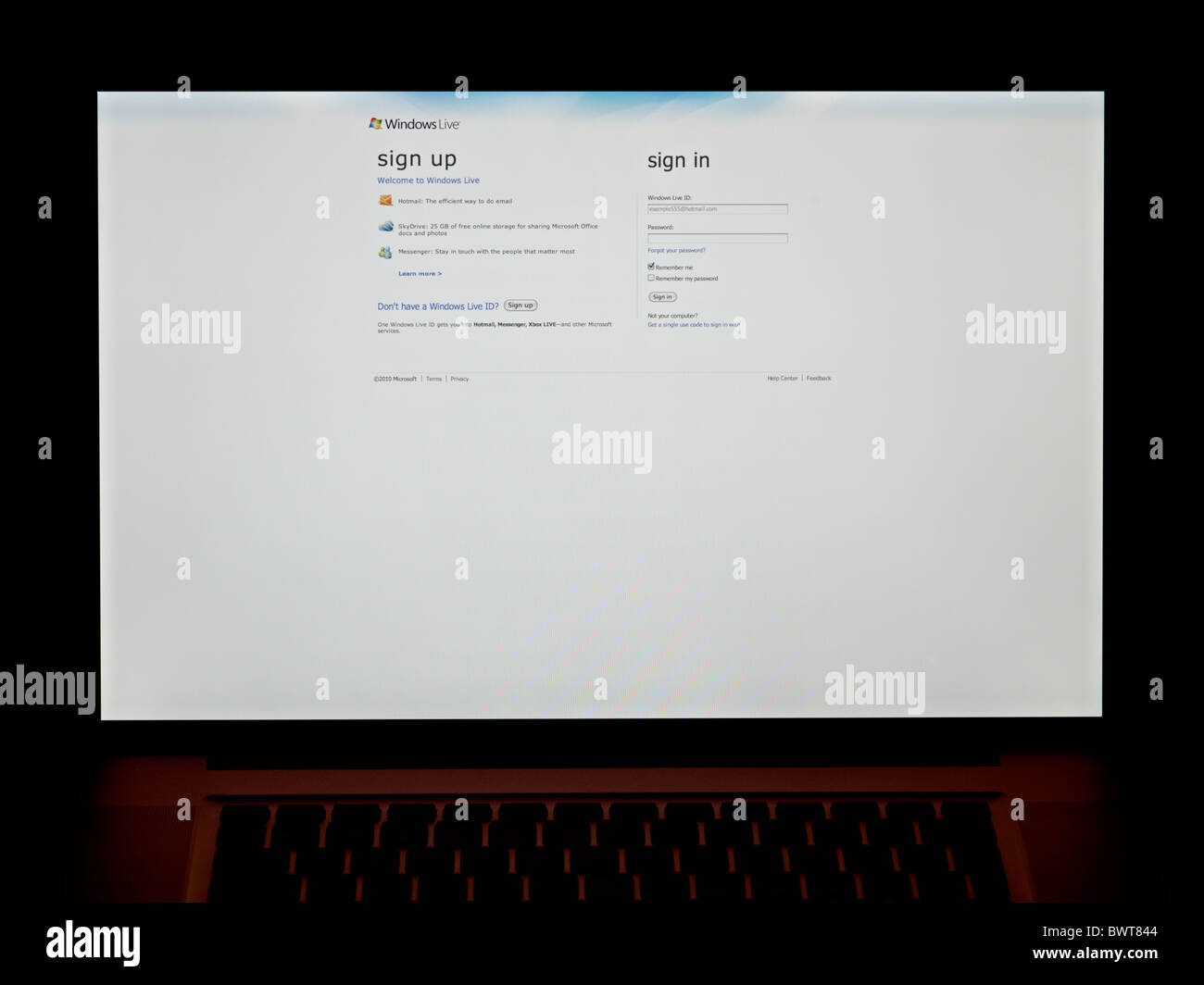 Foto von der Windows Live-Website auf einem Laptop. FÜR DEN REDAKTIONELLEN GEBRAUCH BESTIMMT. Stockfoto