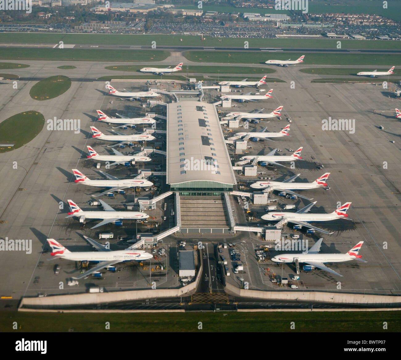 British Airways Flugzeuge am Flughafen Heathrow Terminal 5 in Großbritannien Stockfoto