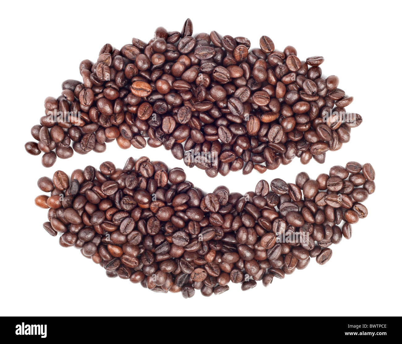 Kaffeebohnen in Form von einzelnen Kaffeebohne, isoliert auf weiss Stockfoto