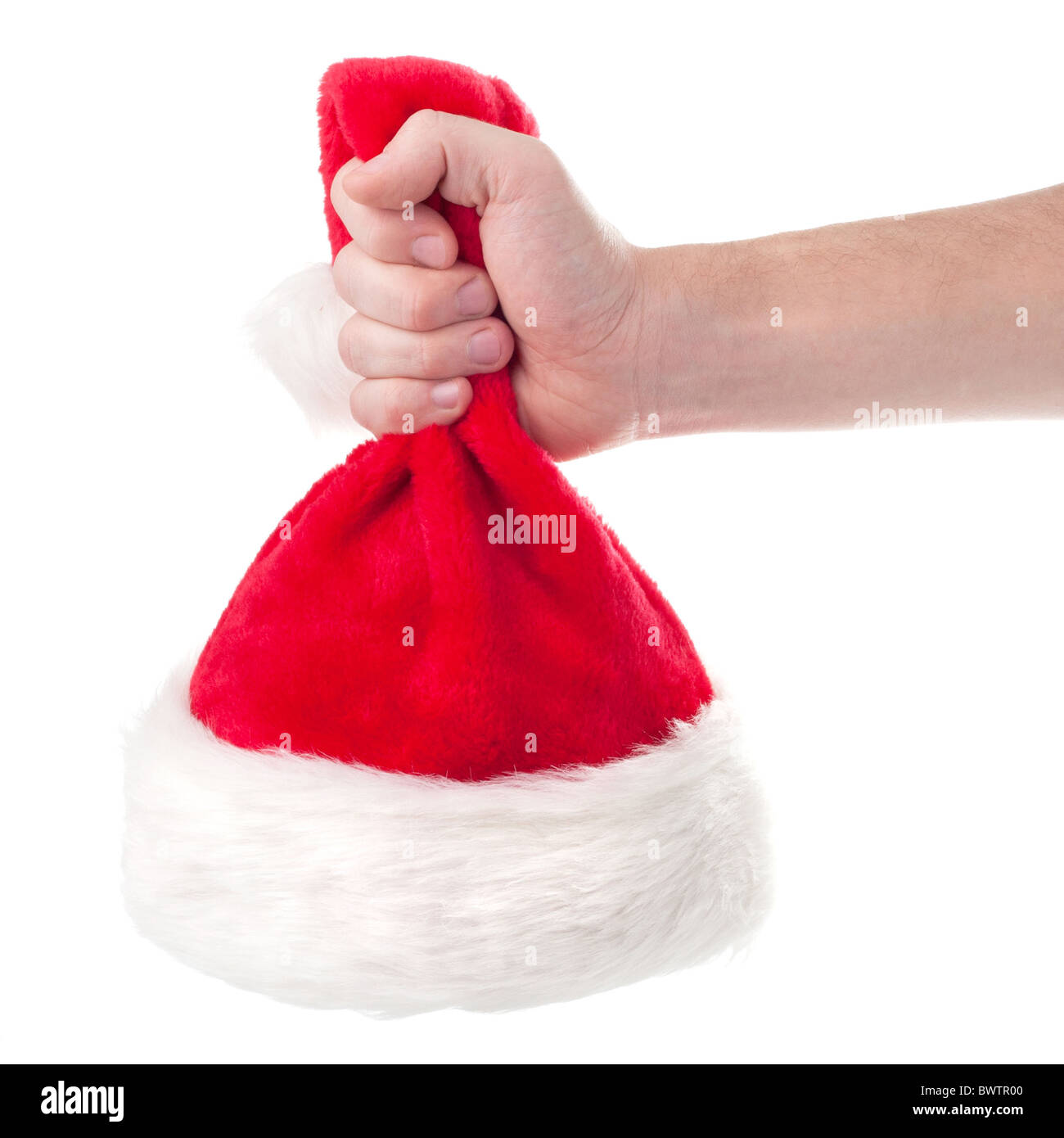 Hand mit Santa Claus roten Hut Stockfoto