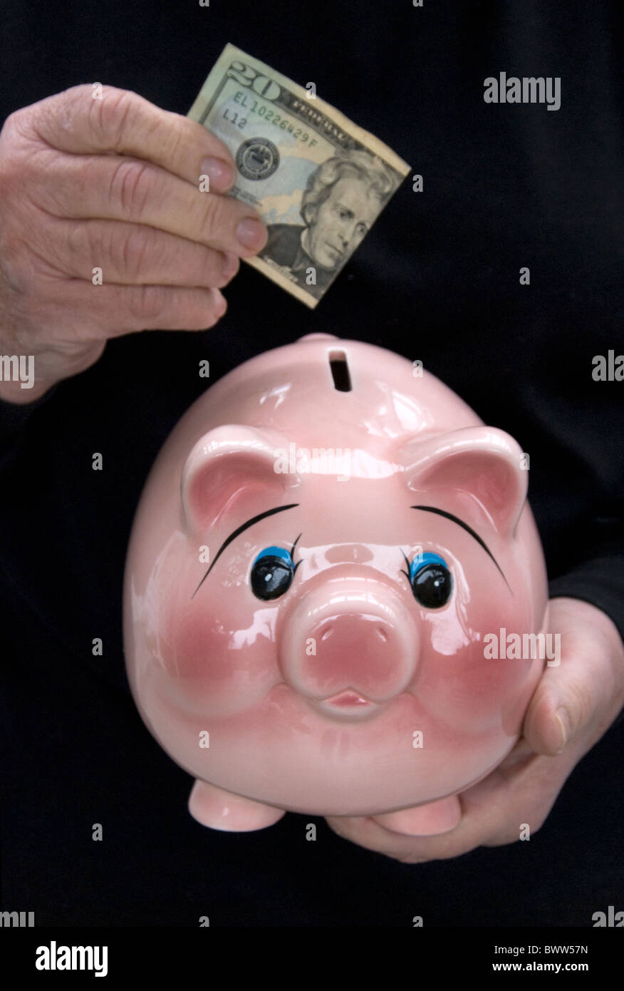 Hand in den USA zwanzig Dollar Bill in einem Sparschwein - Finanzkonzept. Stockfoto