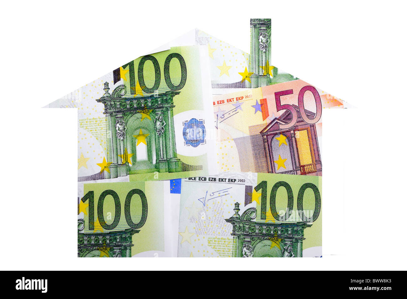 Euro Haus zu Hause Probleme Hypothek Finanzkrise Immobilien wertlos Symbol Geld Bar Bau sav Stockfoto