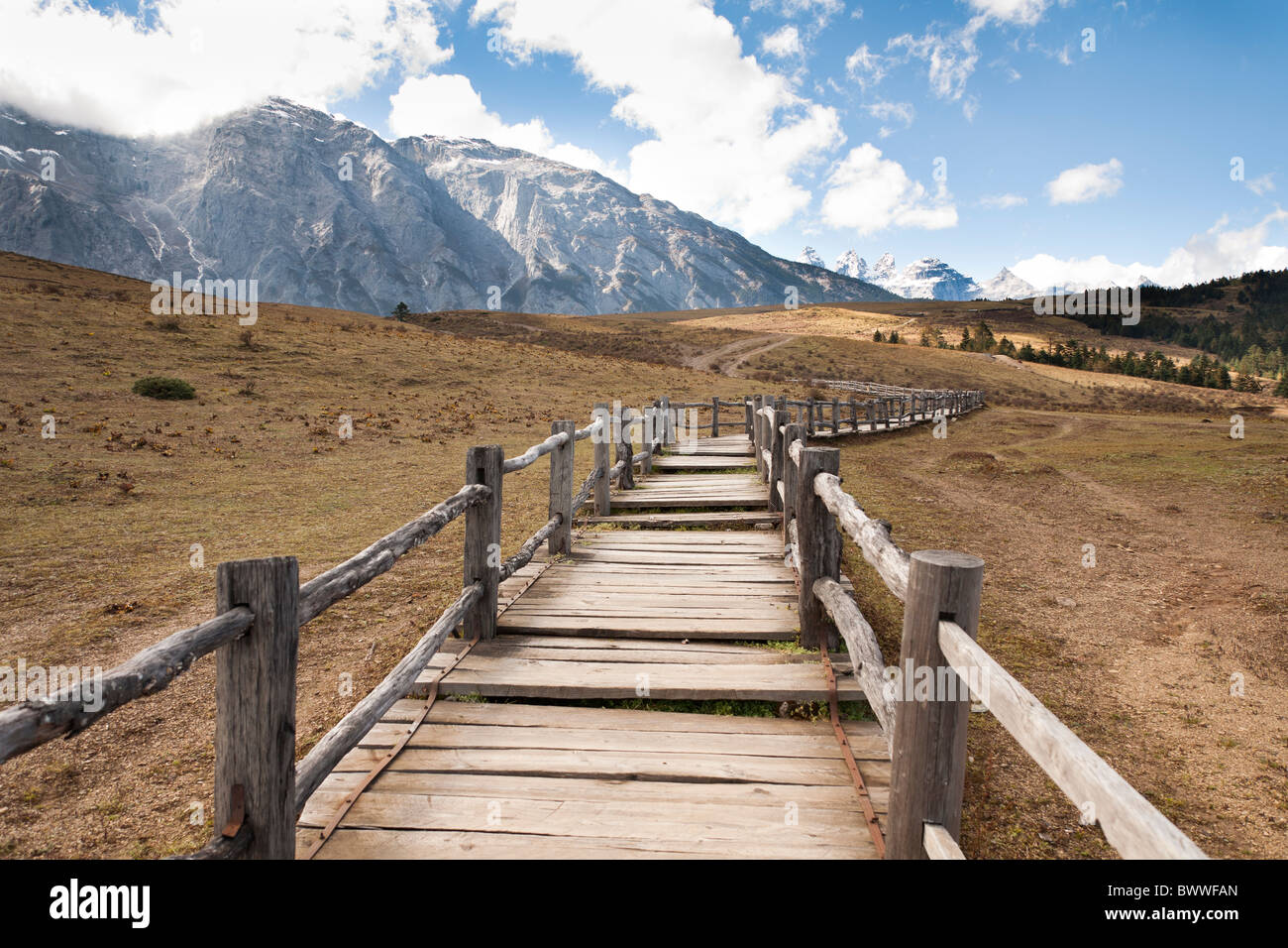 Yulong Xue Shan Gebirge, auch bekannt als Jade Dragon Snow Mountain, aus Yak Wiese, Lijiang, Yunnan Provinz, China Stockfoto