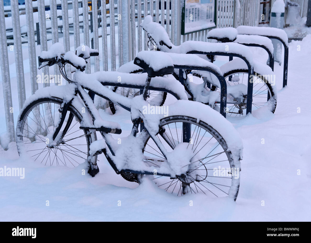 12.02.2010. Zyklen bleiben zu einem Zyklus Rack am Bahnhof gesperrt bei Schneewetter. Stockfoto