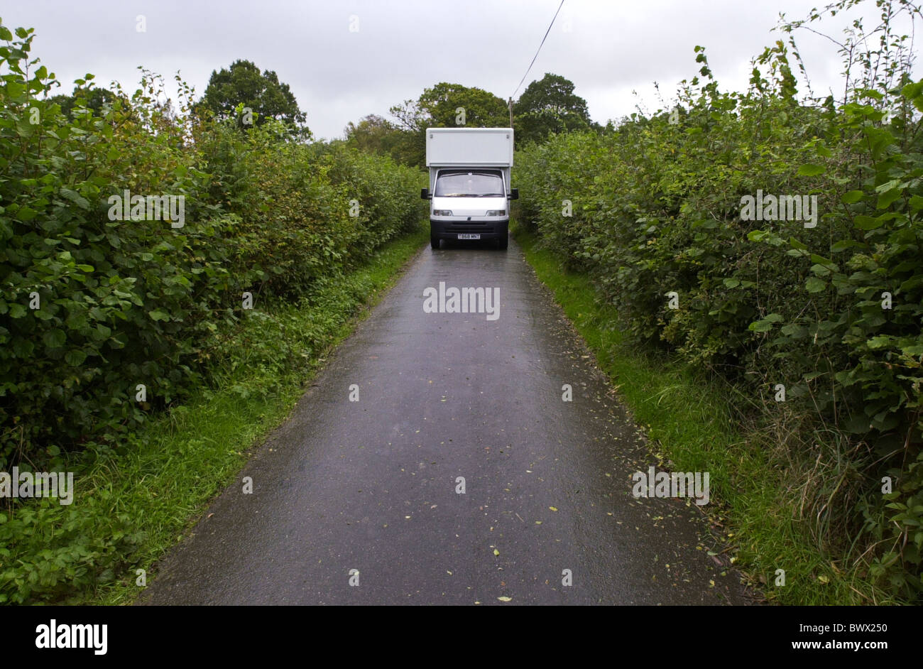 Whitebox van fahren durch schmale Landstraße in ländlichen Wales UK Stockfoto