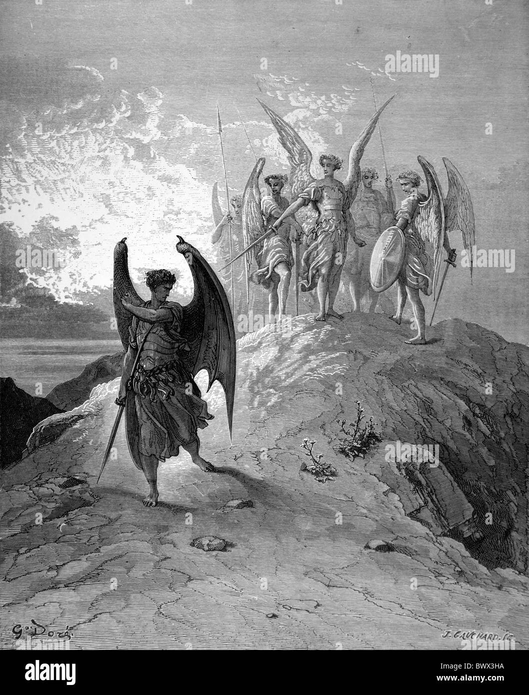 Gustave Doré; Satan besiegt von John Miltons Paradise Lost; Schwarz / weiß-Gravur Stockfoto