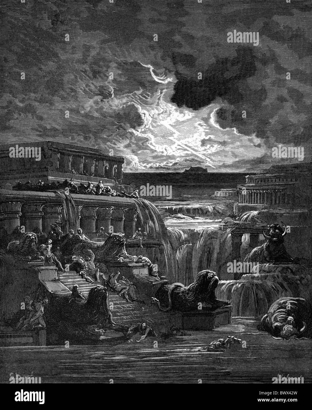 Gustave Doré; Das steigen des Wassers aus John Miltons Paradise Lost; Schwarz / weiß-Gravur Stockfoto