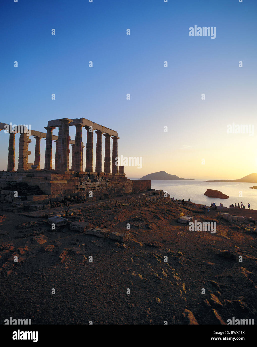 Dämmerung Twilight Griechenland Kap Sunion Kulturstätten Poseidon Tempel antike Welt antike Stockfoto