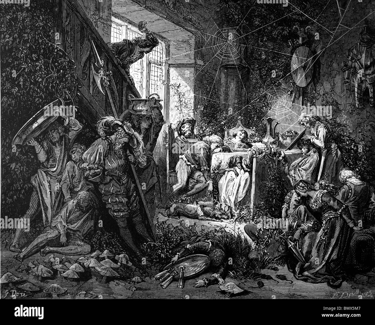 Gustave Doré; Märchen Dornröschen, den Prinzen in den Festsaal; Schwarz / weiß-Gravur Stockfoto