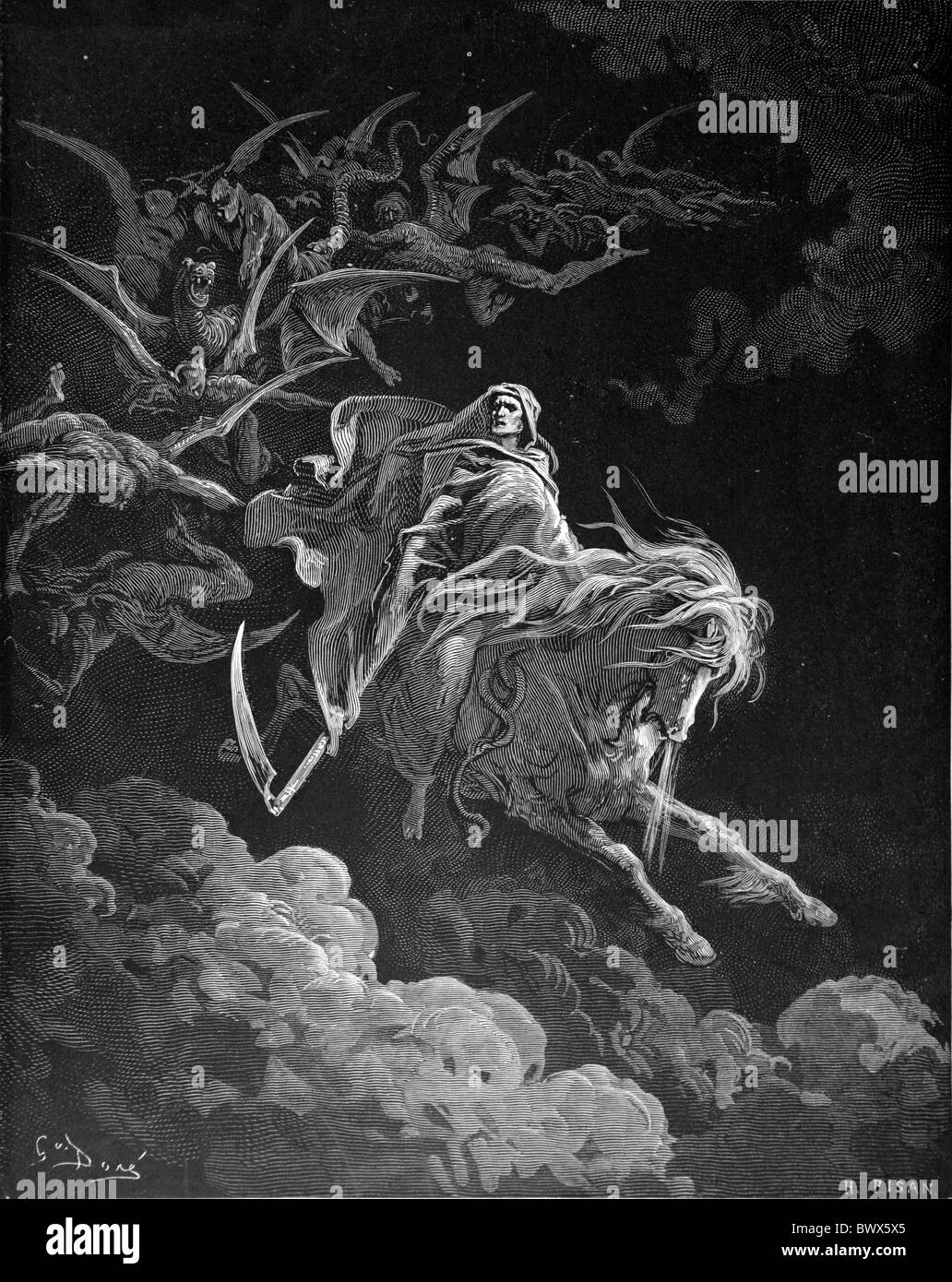 Gustave Doré; die Vision des Todes aus dem Neuen Testament Buch der Offenbarung; Schwarz-weiß-Gravur Stockfoto