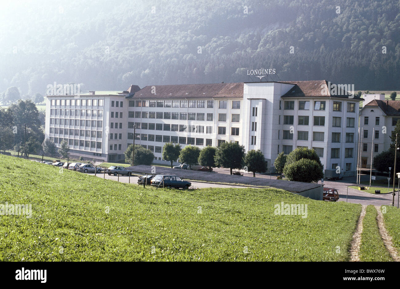 Ansicht Gebäude Bau Uhrenindustrie Longines Kanton Bern-Schweiz-Europa-Saint-Imier Uhren Uhr Stockfoto