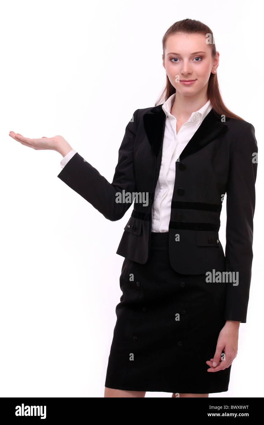 Business-Frau zeigt leere Hand. Isoliert auf weißem Hintergrund. Stockfoto